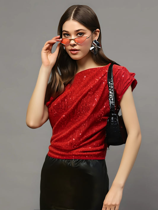 Red Sequin One Shoulder Stylish Party Wear Trendy Off Shoulder Evening Top