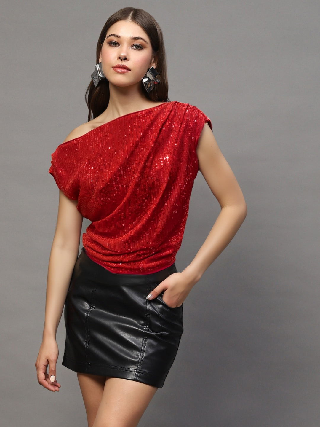 Red Sequin One Shoulder Stylish Party Wear Trendy Off Shoulder Evening Top