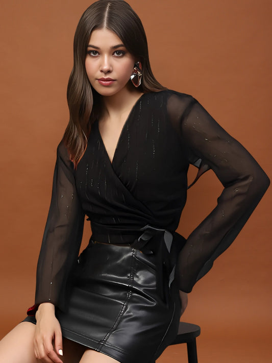 Midnight Muse Black Gen-Z Glam with Sheer Vibes Chiffon Wrap Top