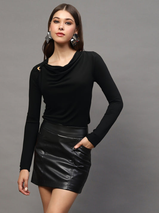 Black Draped Neck Stylish Long Sleeve Fitted  Elegant Casual Top