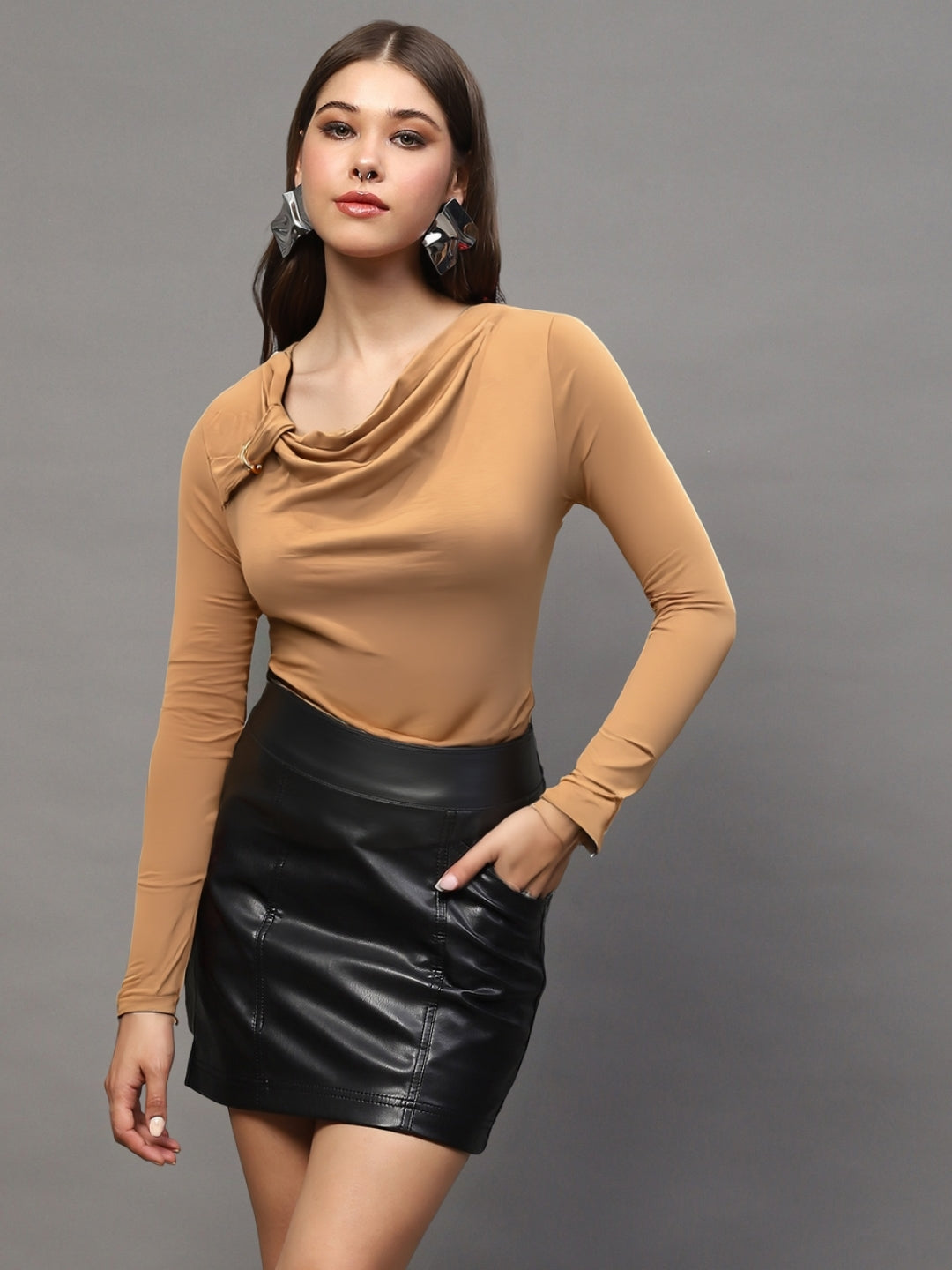 Dark Beige Draped Neck Stylish Long Sleeve Fitted Casual Top