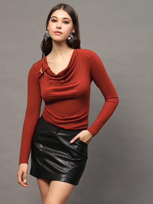 Rust Draped Neck Stylish Long Sleeve Fitted Elegant Casual Top
