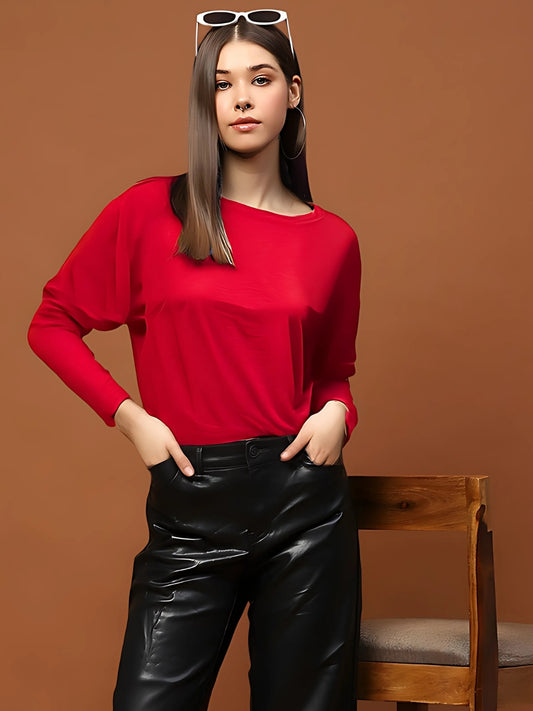 Classic Red Long Sleeve  Casual Chic Round Neck Basic Top