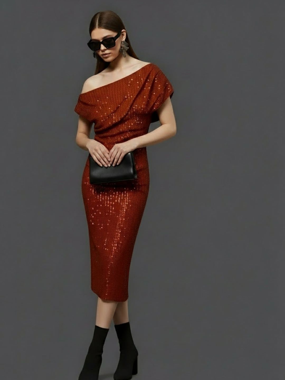 Rust Sequin One Shoulder Bodycon Mini Dress – Glamorous Party & Evening Wear