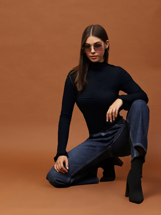 Black High Neck Full Sleeve Top for Women – Stylish Ribbed Stretch Crop Tee