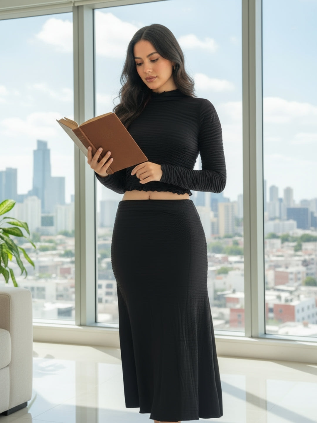 Black High Neck Full Sleeve Top with skirt Women – Stylish Ribbed Stretch cord-Set