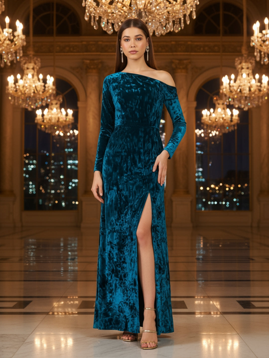 Teal Blue Velvet One Shoulder full seleve Maxi Dress – Elegant Evening Party Gown with Slit