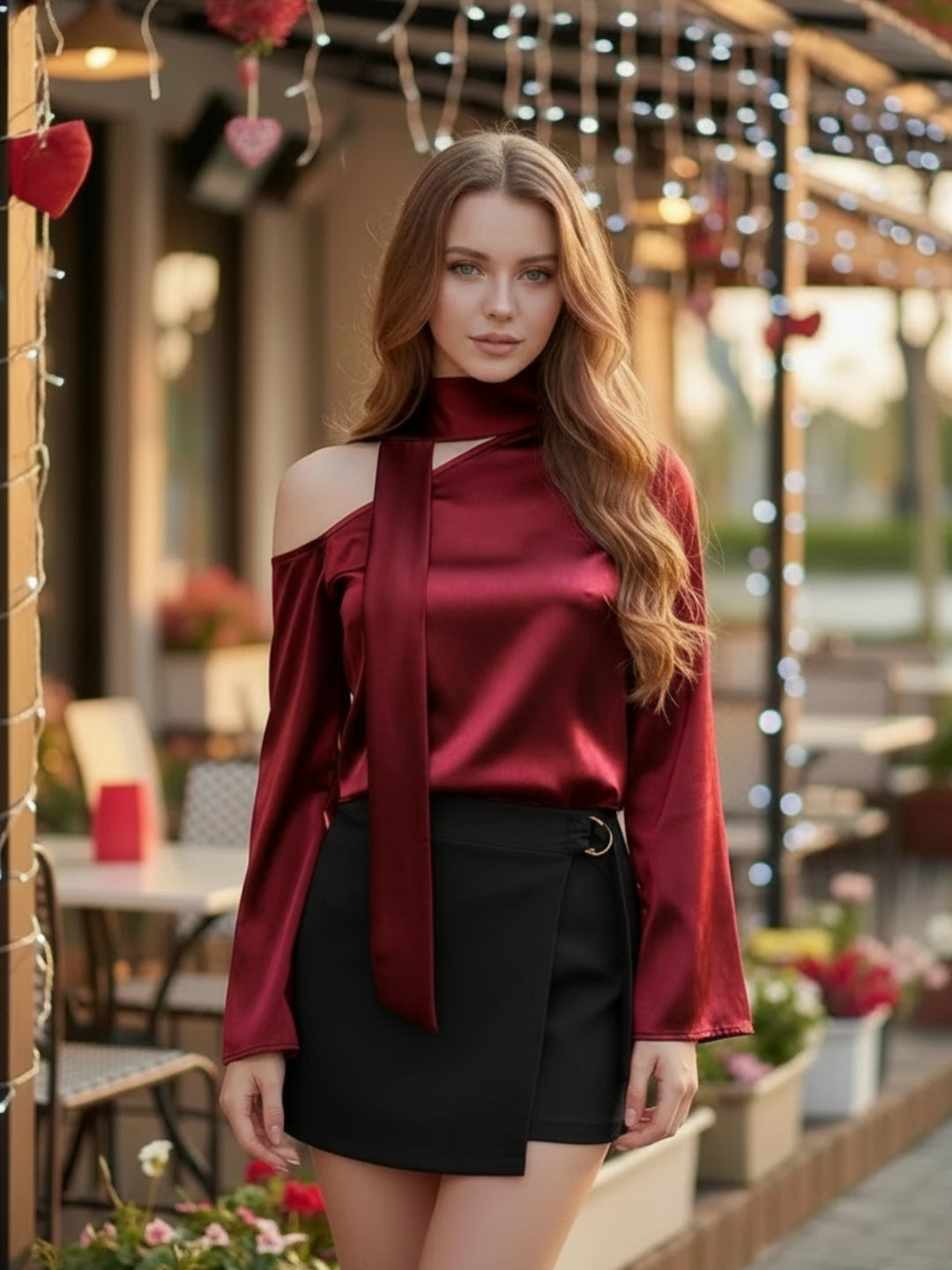Red One-Shoulder Tie-Neck Top for Women