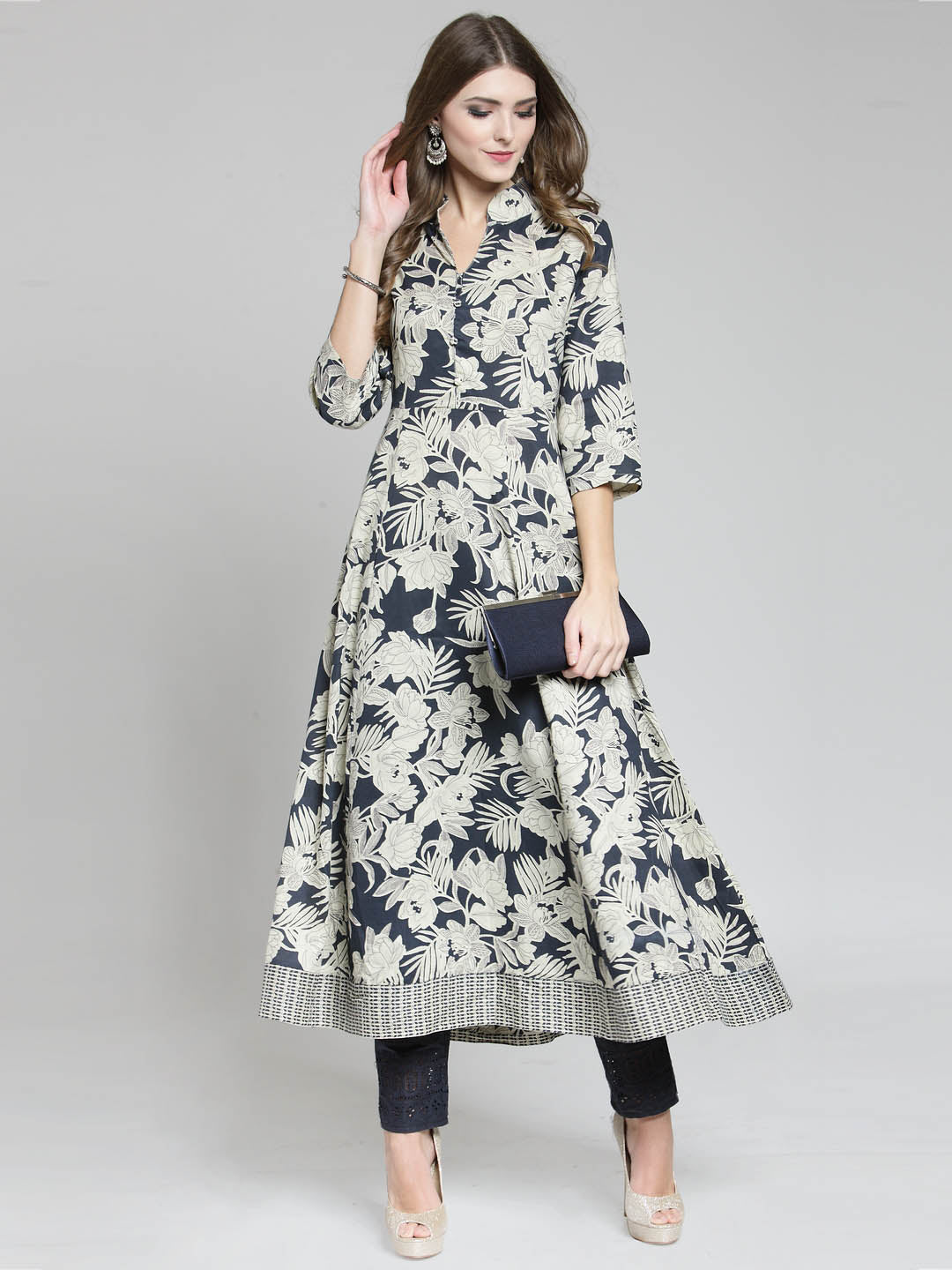 Black Printed Anarkali Kurta with Navy Blue Palazzo