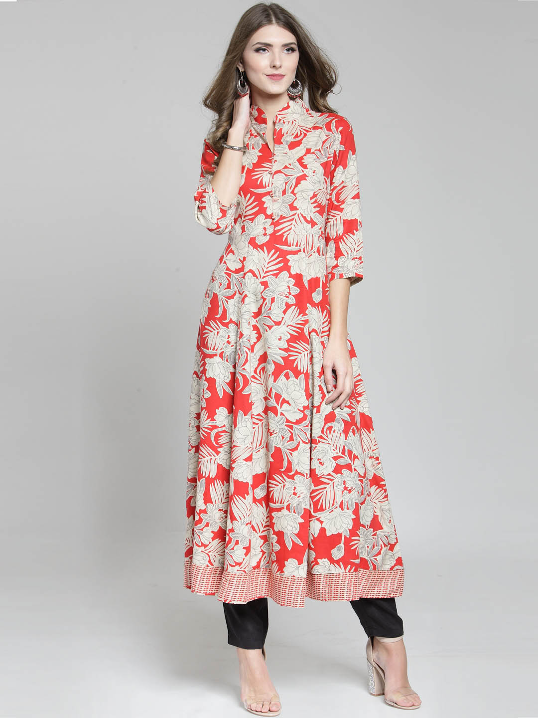 Red Printed Anarkali Kurta and Black Palazzo Set