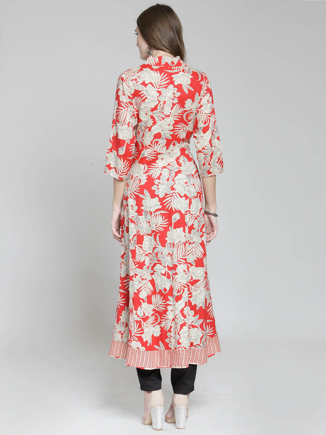 Red Printed Anarkali Kurta and Black Palazzo Set