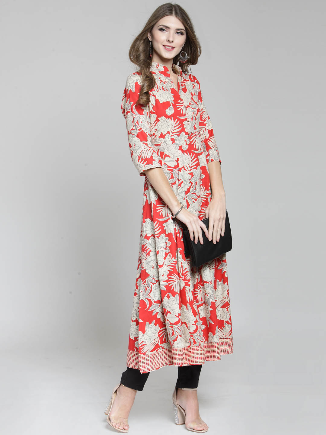 Red Printed Anarkali Kurta and Black Palazzo Set