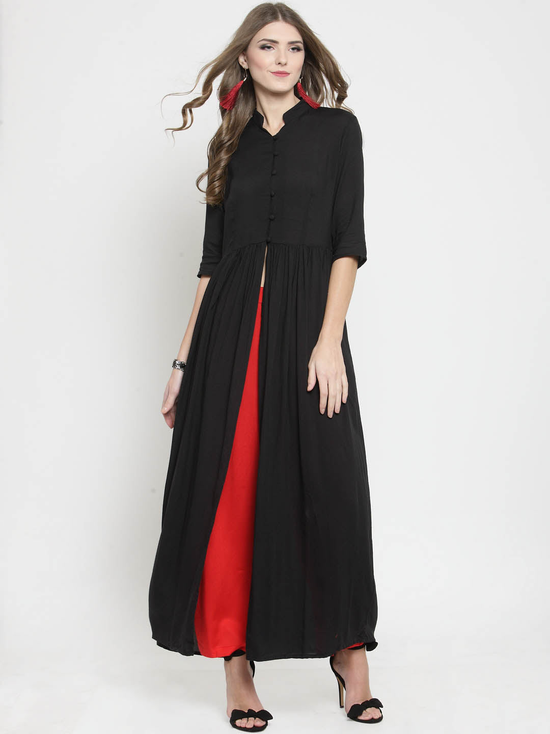 Black Solid A-line Kurta and Red Palazzo Set