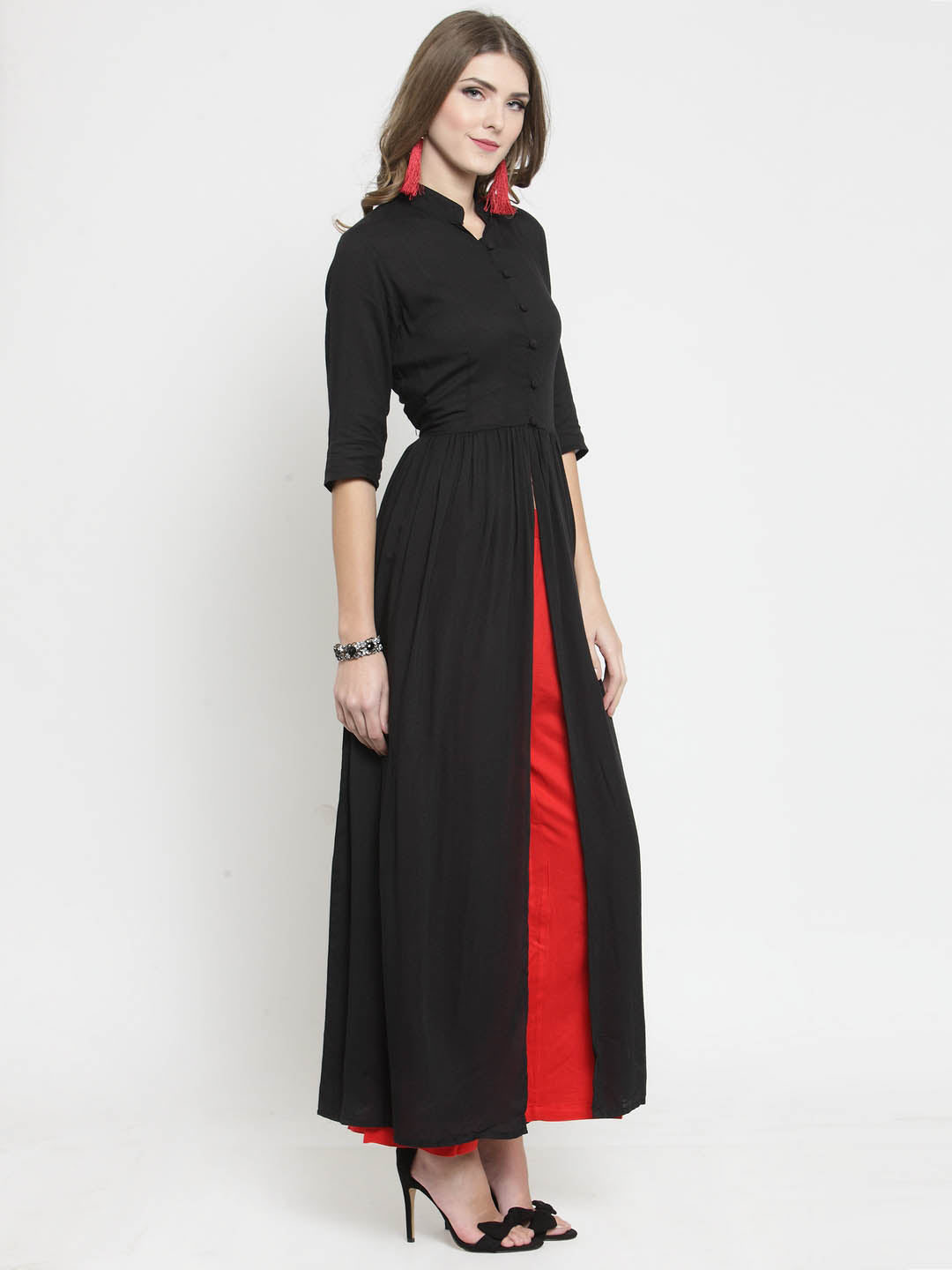 Black Solid A-line Kurta and Red Palazzo Set