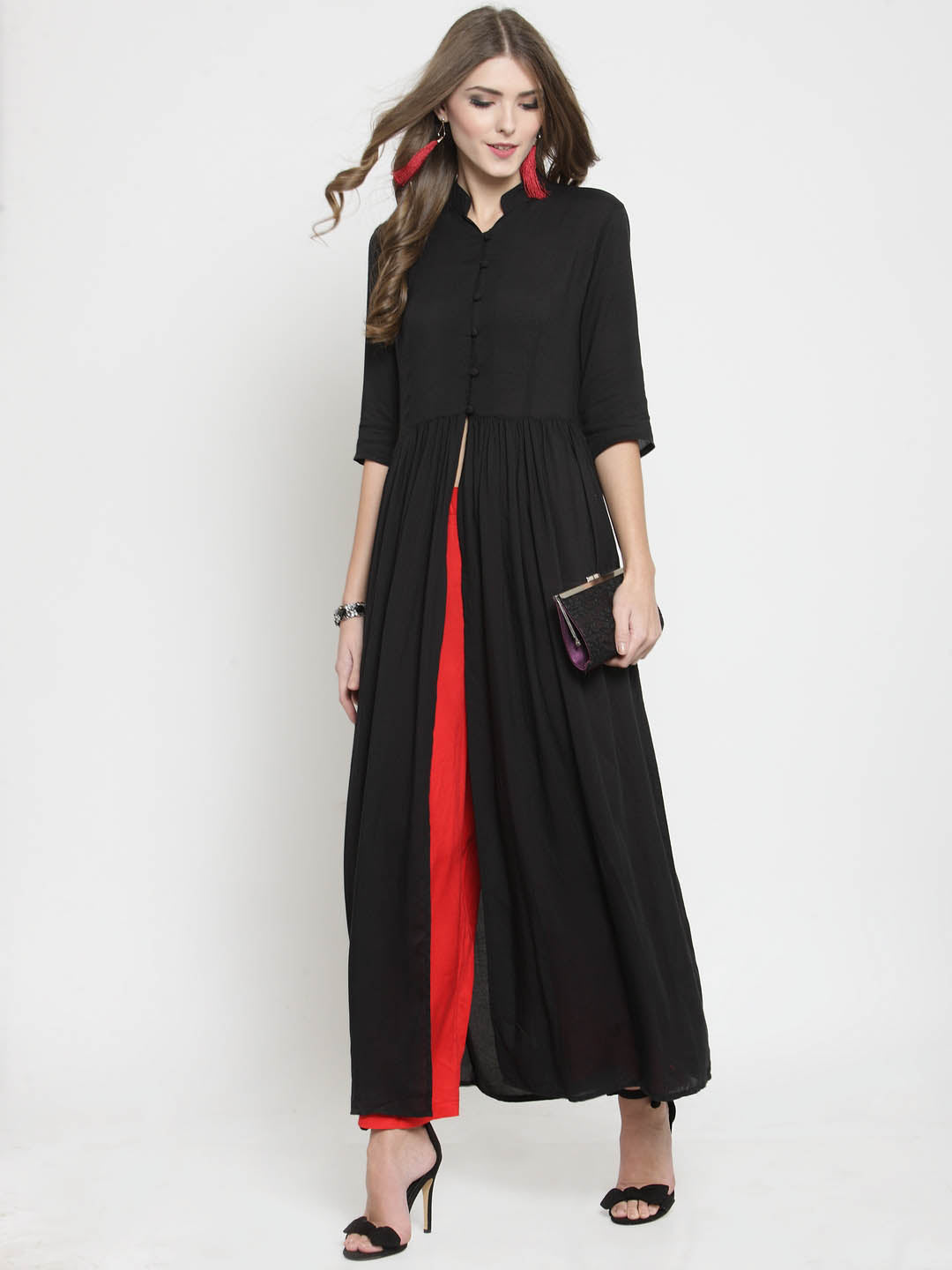 Black Solid A-line Kurta and Red Palazzo Set