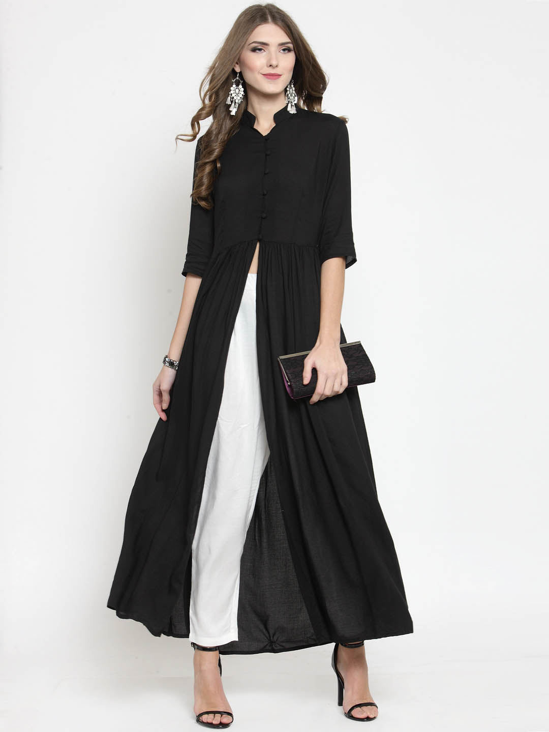 Black Solid A-line Kurta and White Palazzo Set