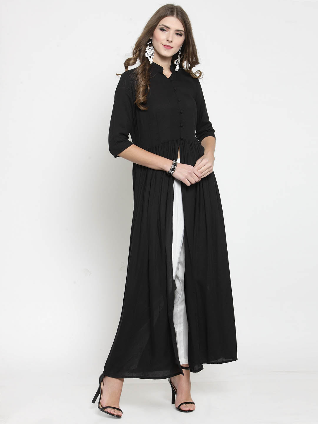 Black Solid A-line Kurta and White Palazzo Set