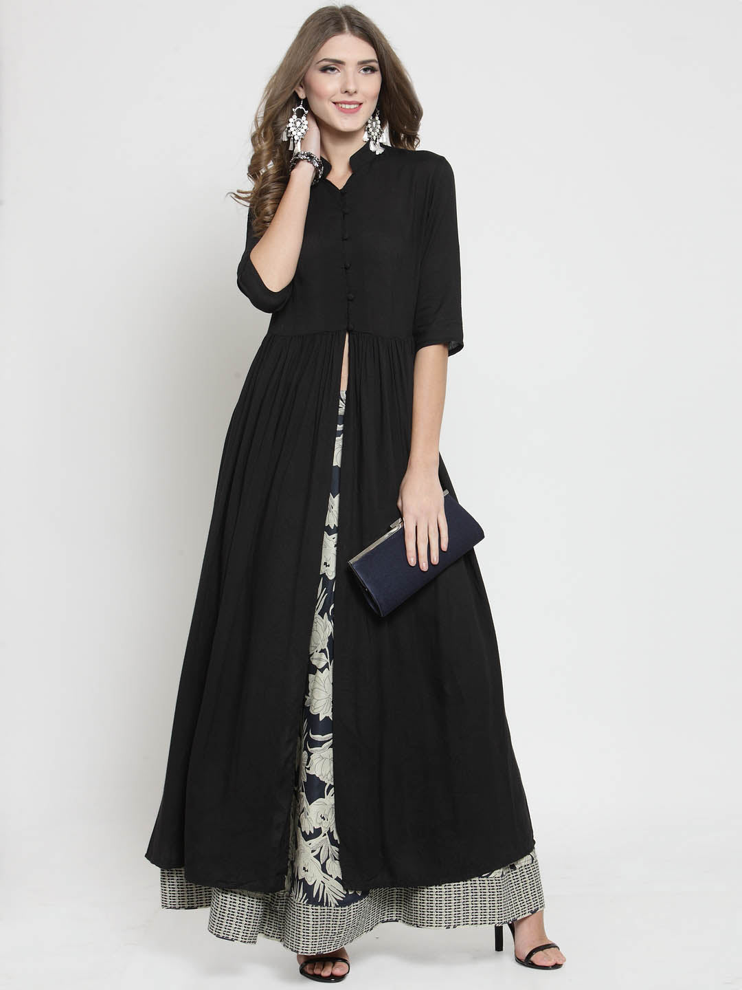 Black Solid A-line Kurta and Black Palazzo Set