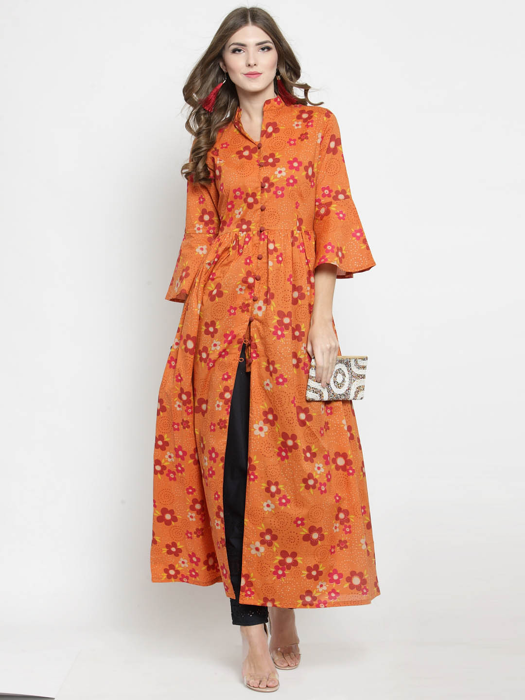 Women Orange Printed Fit and Flare Kurta with Navy Blue Palazzo