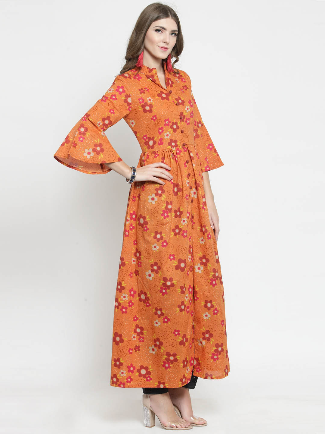 Women Orange Printed Fit and Flare Kurta with Navy Blue Palazzo