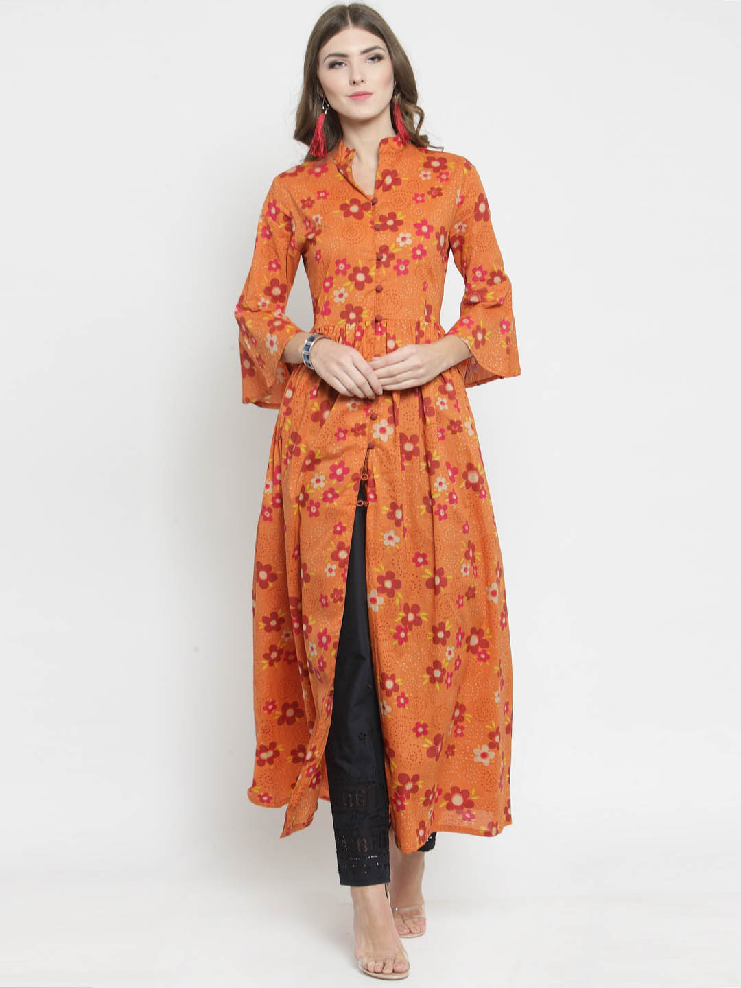 Women Orange Printed Fit and Flare Kurta with Navy Blue Palazzo