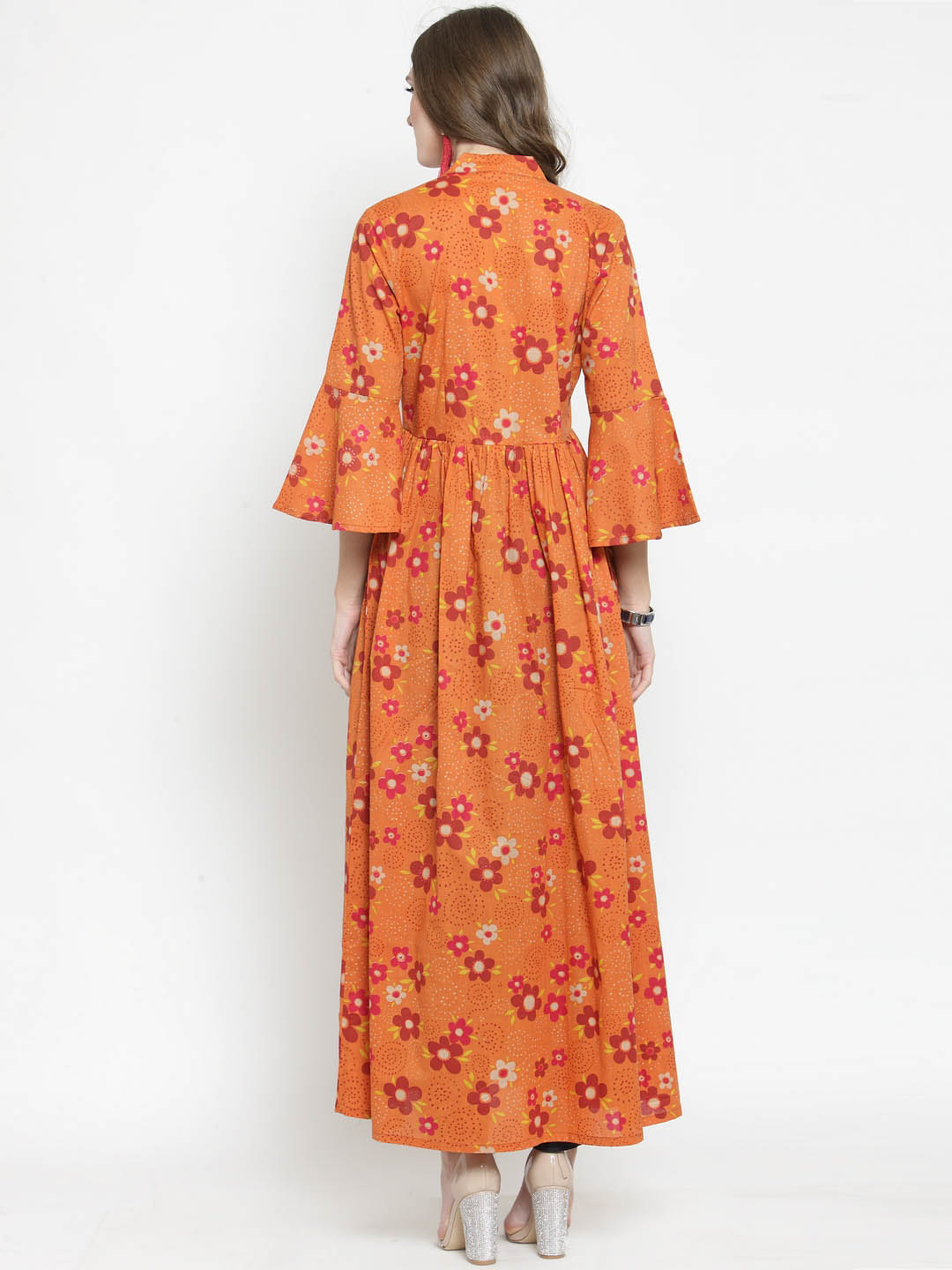 Women Orange Printed Fit and Flare Kurta with Navy Blue Palazzo