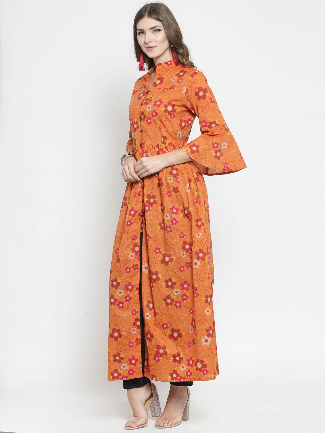 Women Orange Printed Fit and Flare Kurta with Navy Blue Palazzo