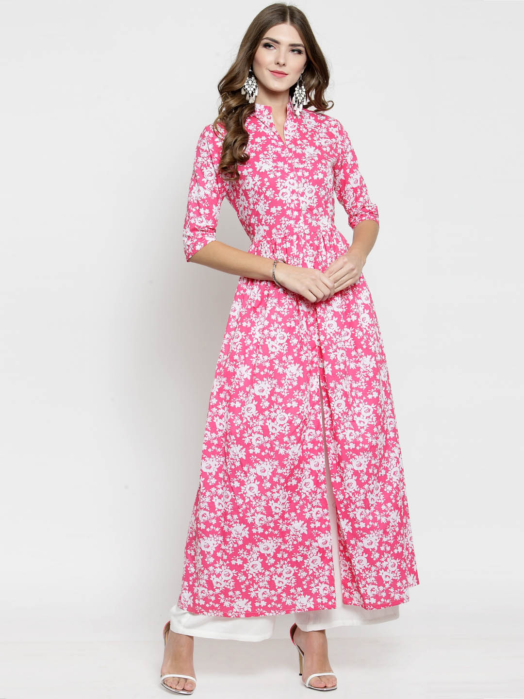 Women Pink Printed Fit and Flare Kurta with White Palazzo