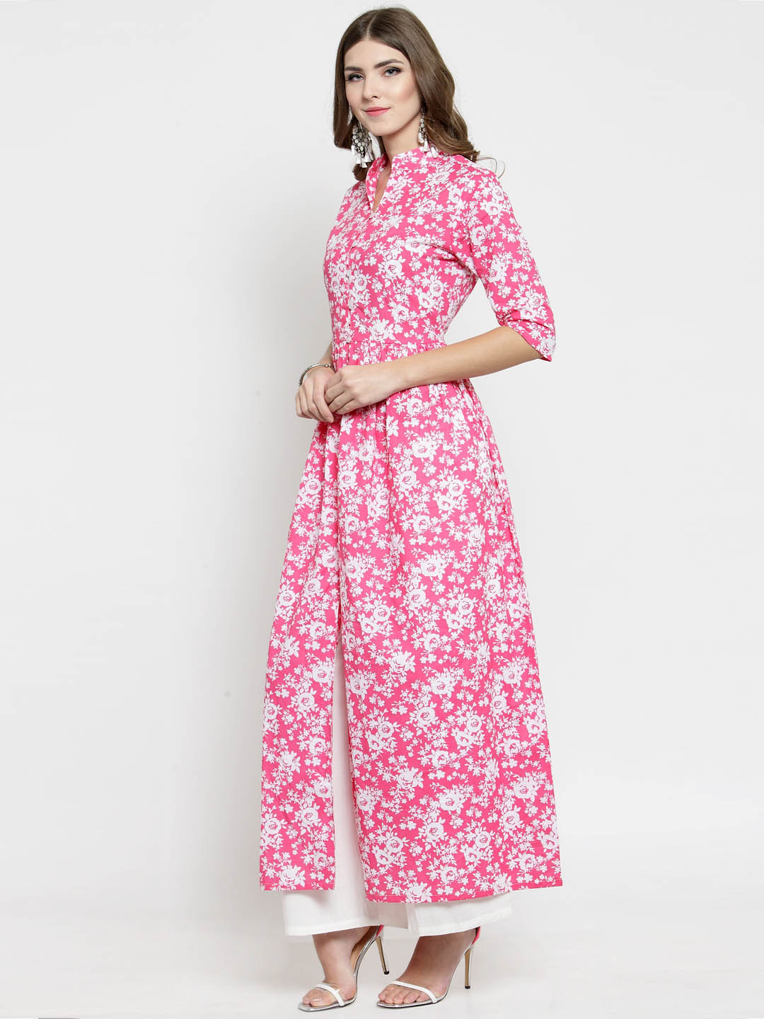 Women Pink Printed Fit and Flare Kurta with White Palazzo