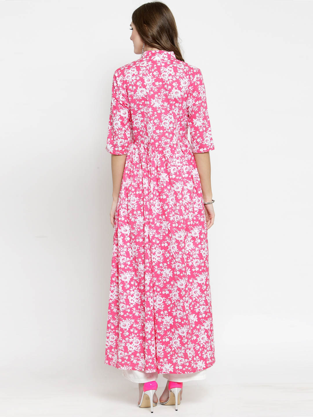 Women Pink Printed Fit and Flare Kurta with White Palazzo