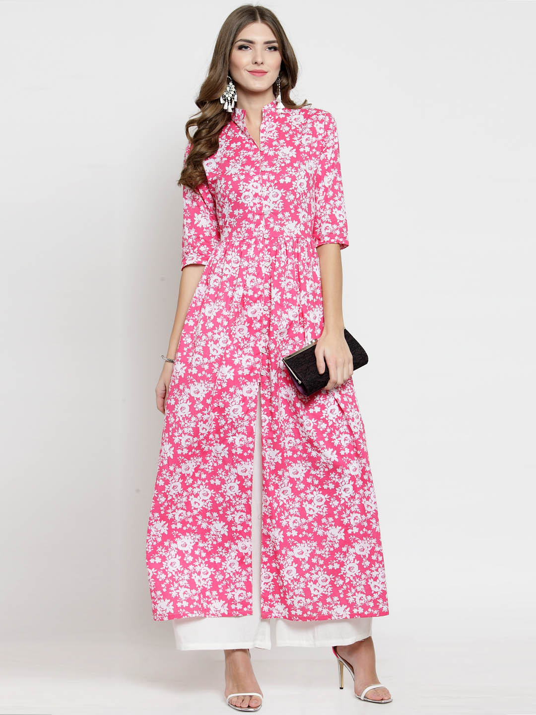 Women Pink Printed Fit and Flare Kurta with White Palazzo