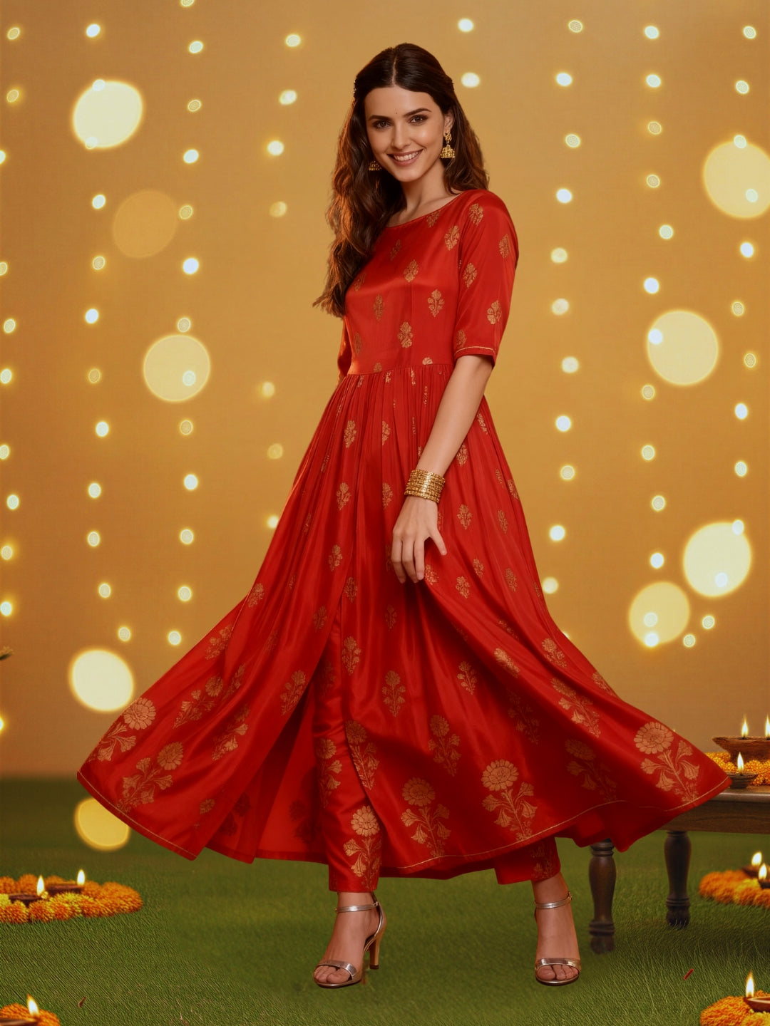 Red Anarkali Kurta Pant Coord Set for Women , Festive Ethnic Wear , Gold Print Partywear Dress