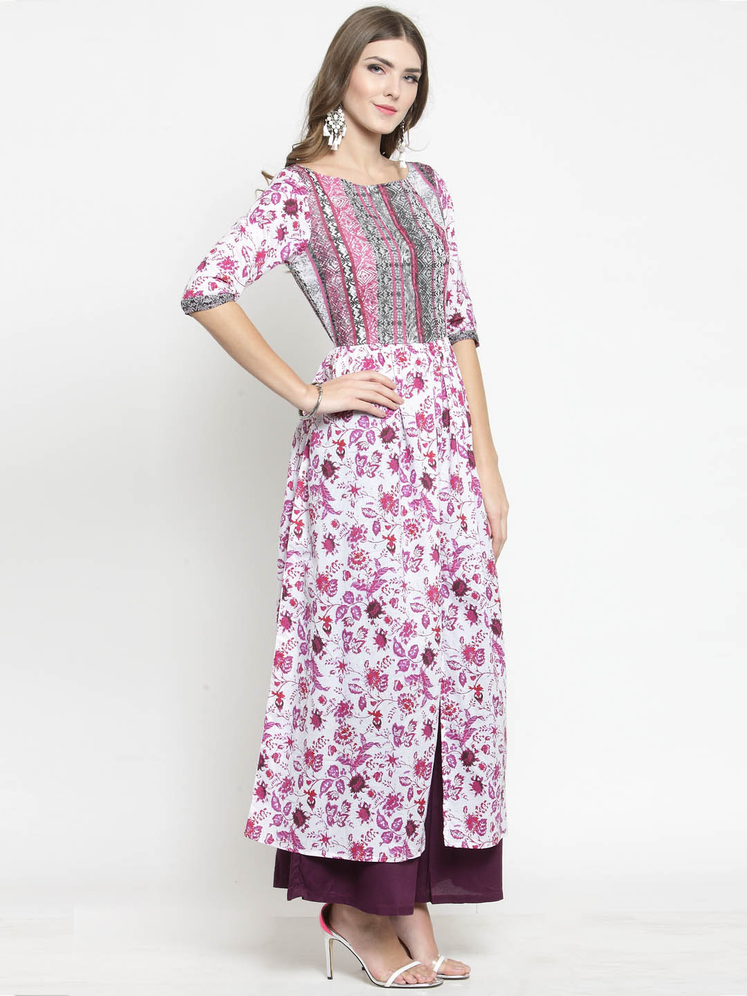 Women White Floral Print Anarkali Kurta