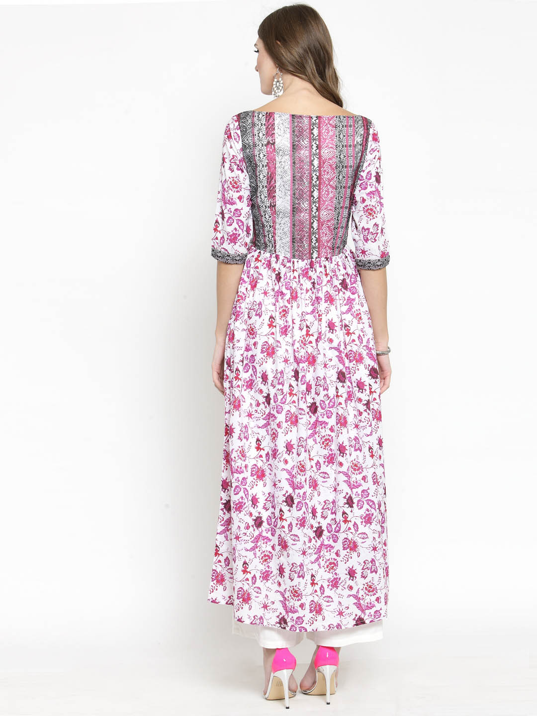 Women White Floral Print Anarkali Kurta with White Palazzo