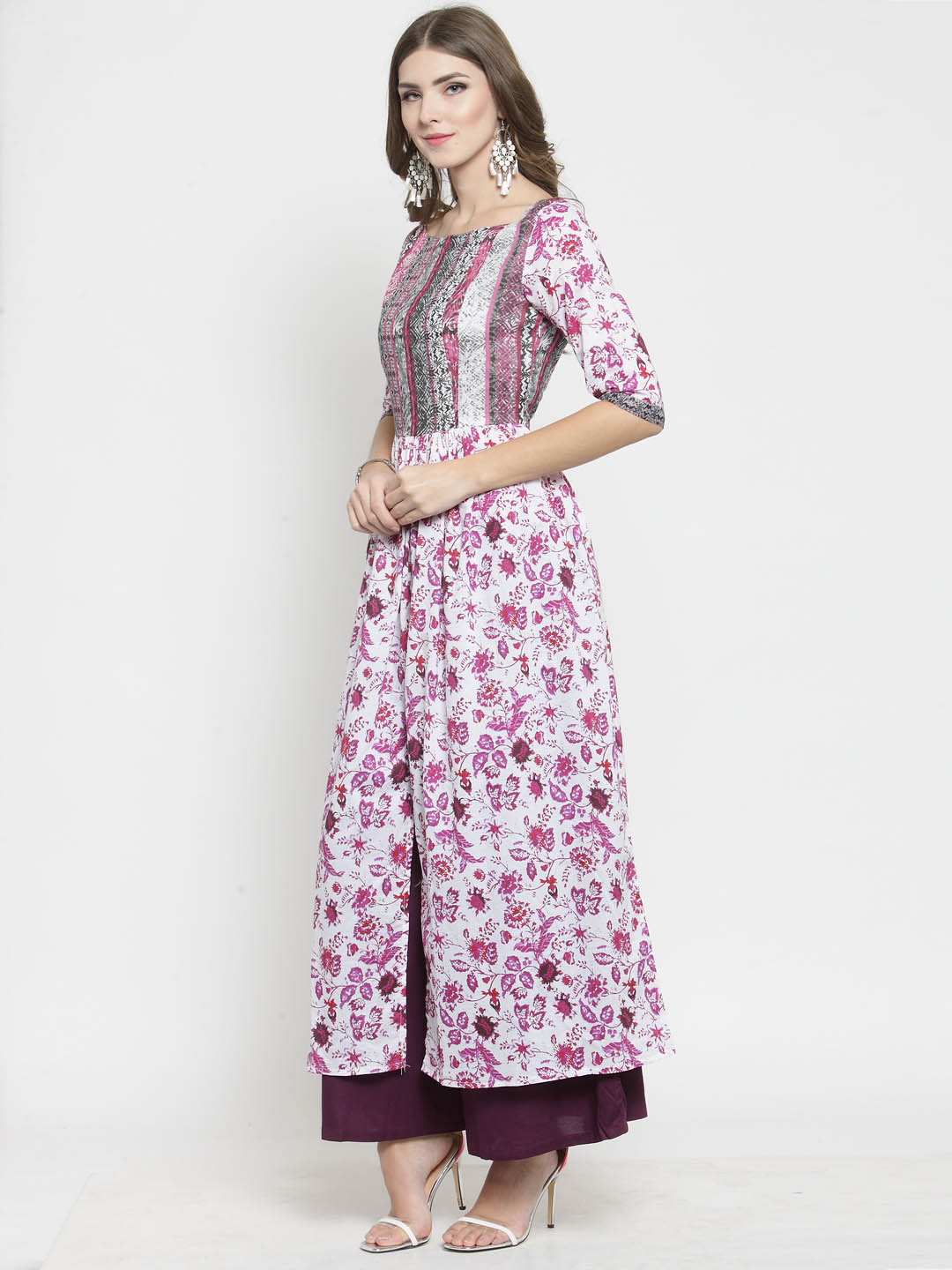 Women White Floral Print Anarkali Kurta