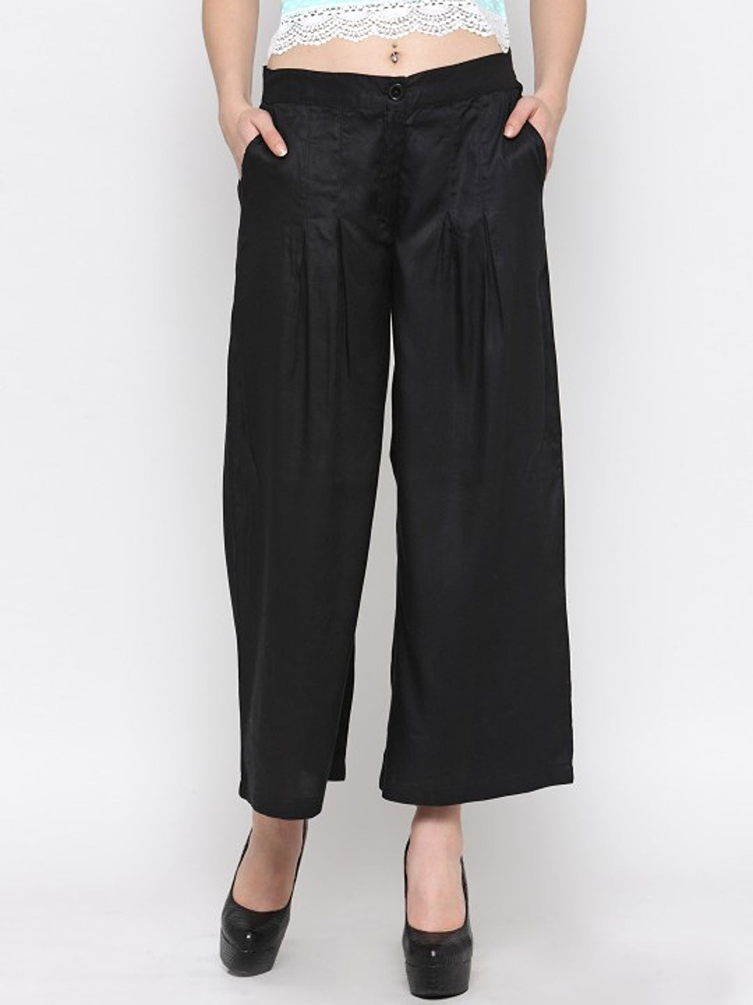 Black Solid Wide Leg Palazzos