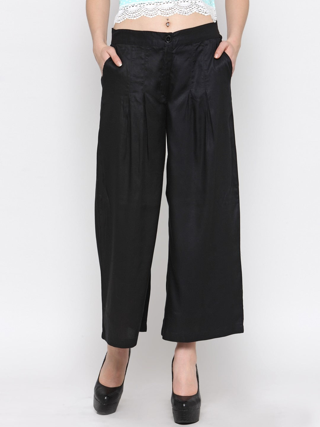 Black Solid Wide Leg Palazzos