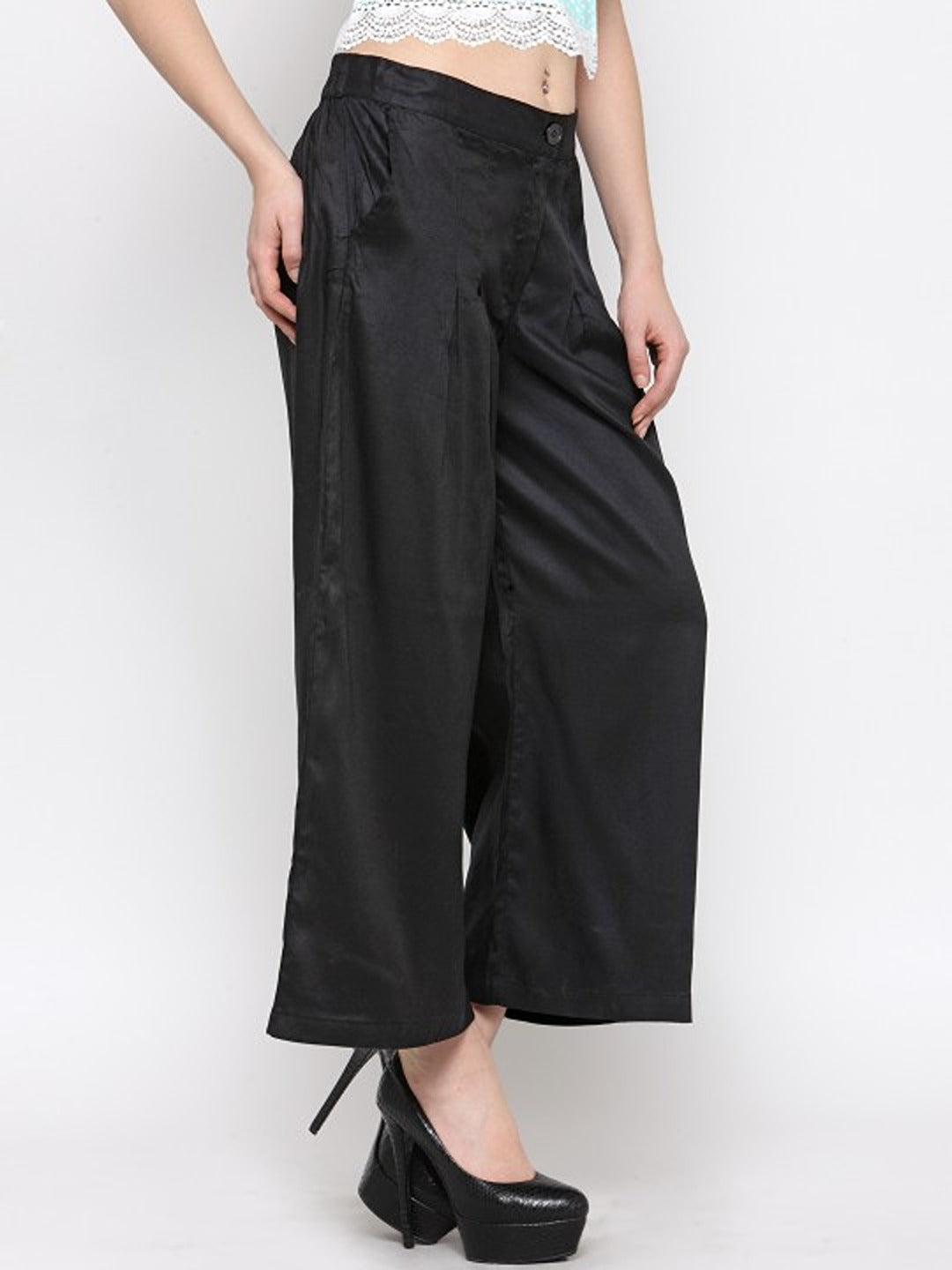 Black Solid Wide Leg Palazzos