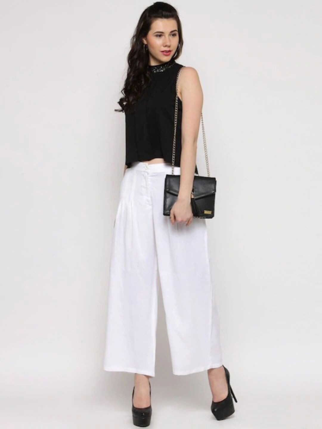White Wide Leg Solid Palazzos