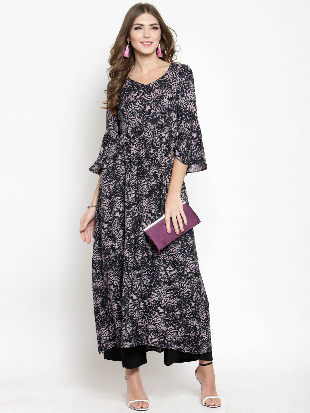 Women Black Printed Kurta with Black Palazzo