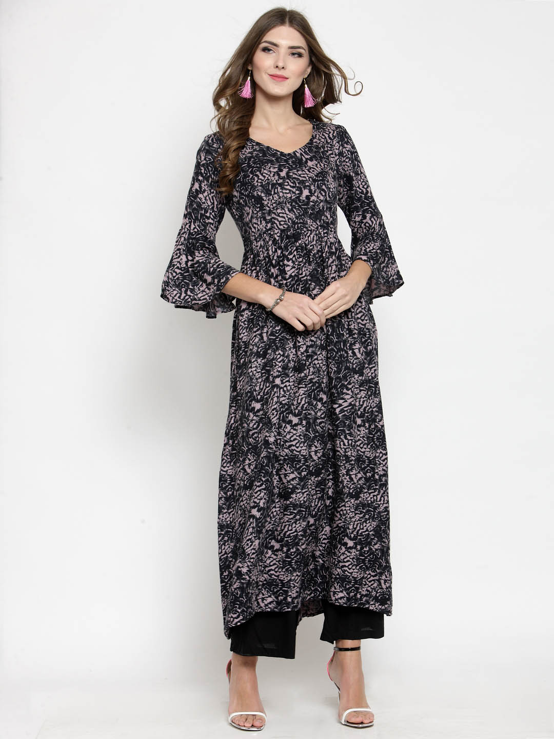 Women Black Printed Kurta with Black Palazzo
