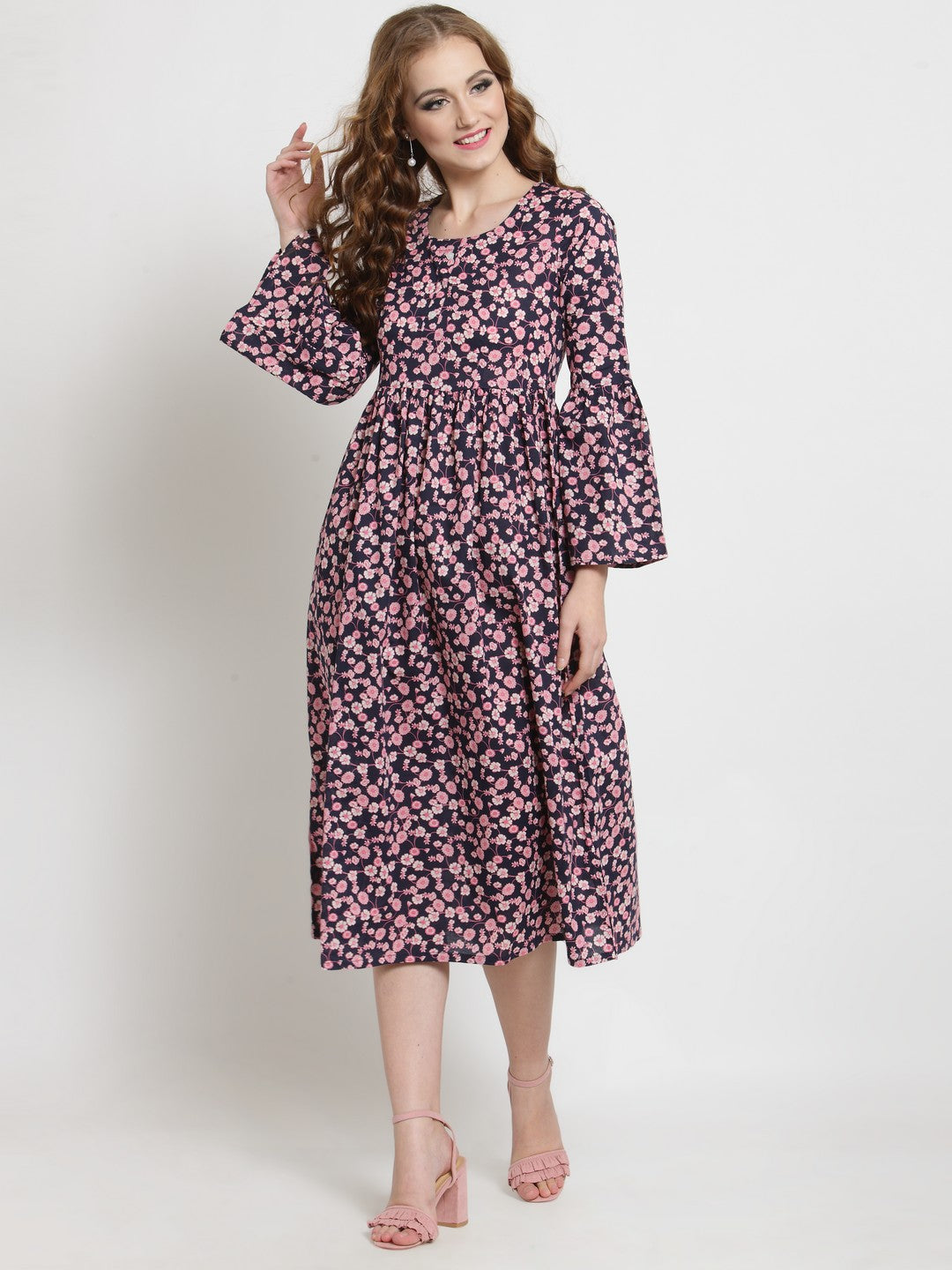 Navy Floral Print Midi Dress