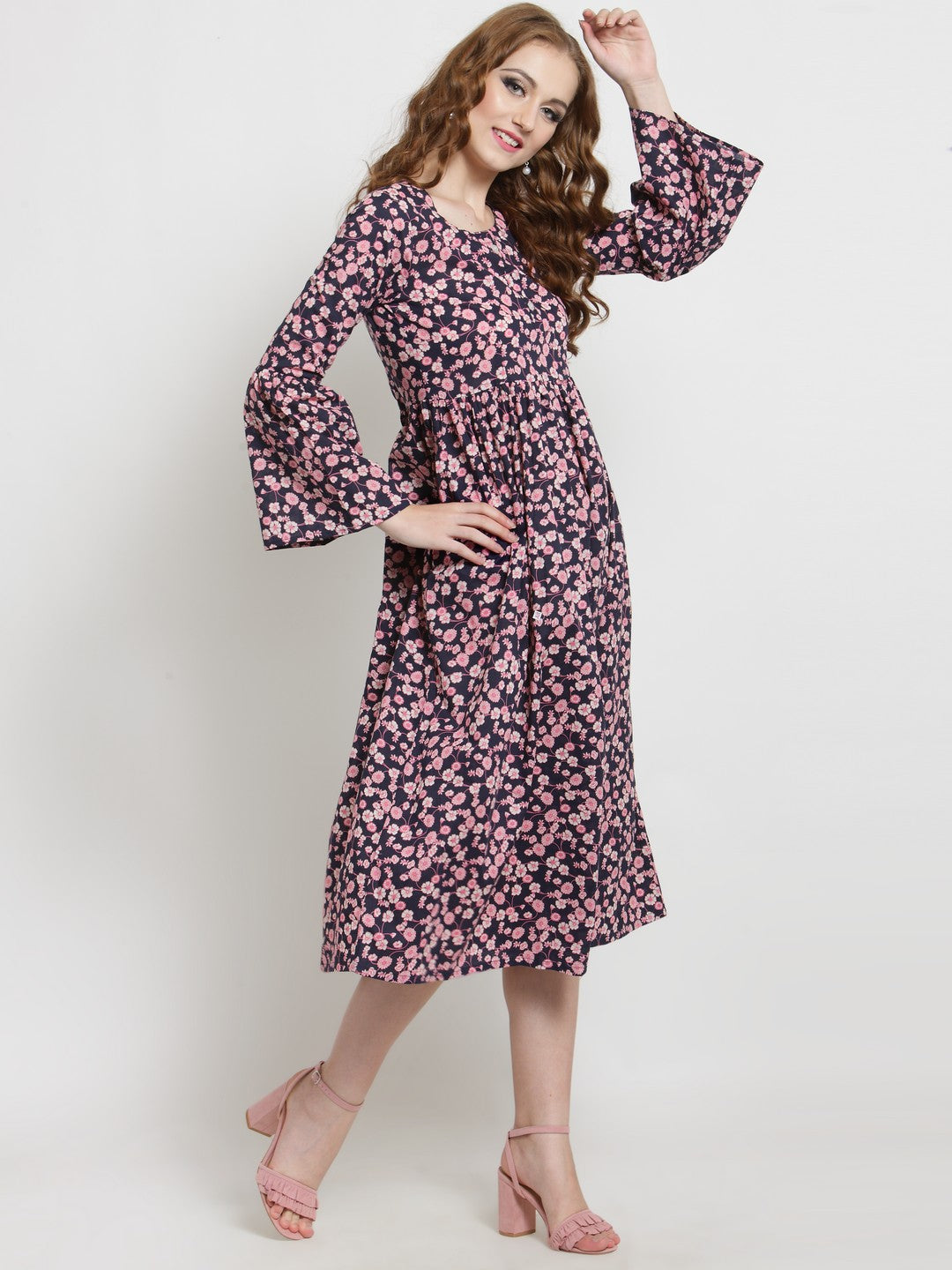 Navy Floral Print Midi Dress