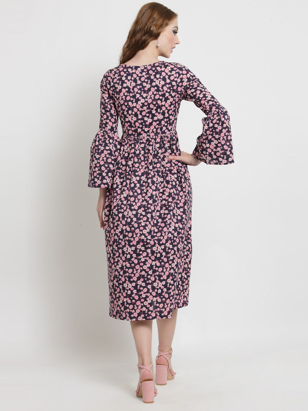 Navy Floral Print Midi Dress