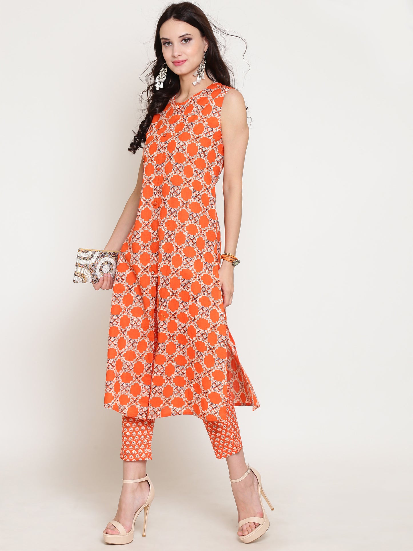 Orange Printed A-line Kurta,has multiple slit .has Round Neck