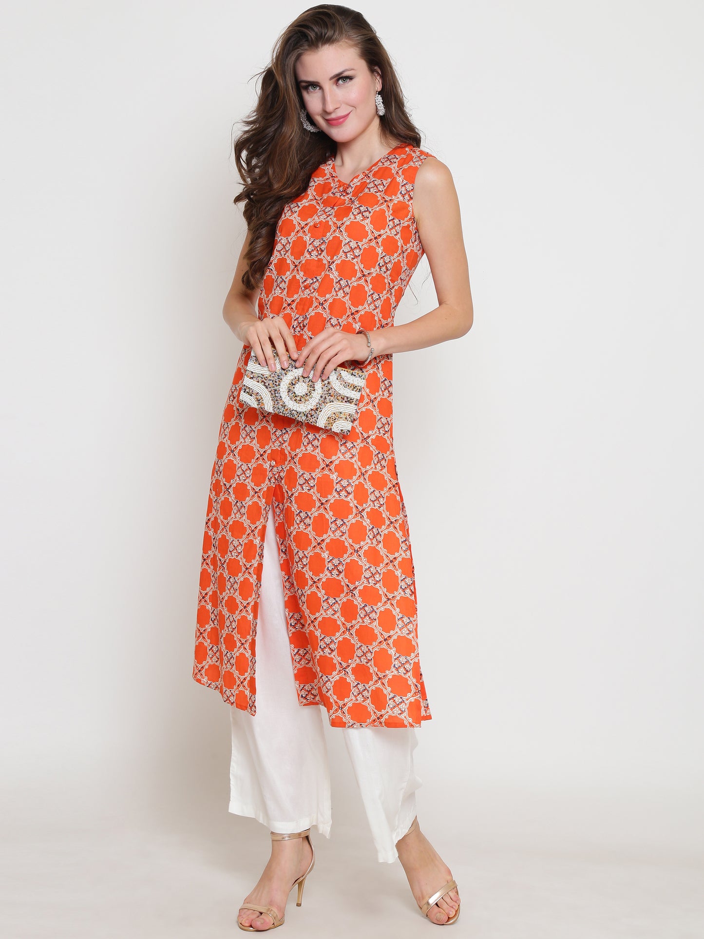 Orange Printed Kurta With Palazzo