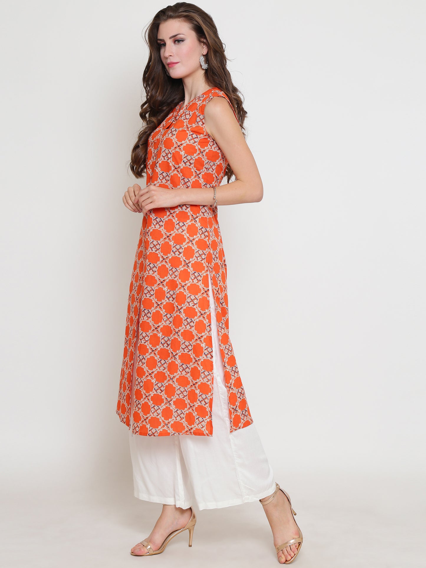 Orange Printed Kurta With Palazzo