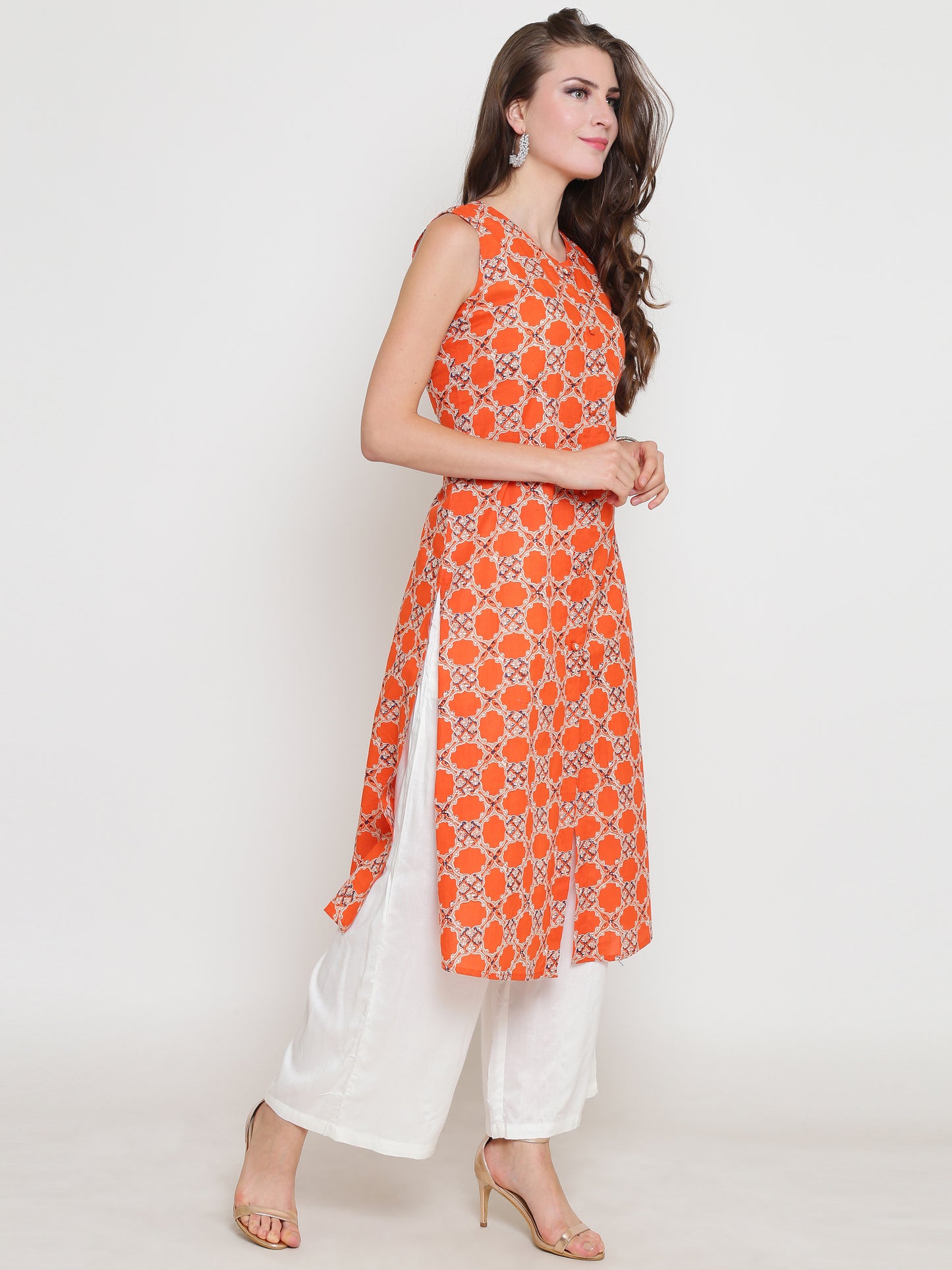 Orange Printed Kurta With Palazzo