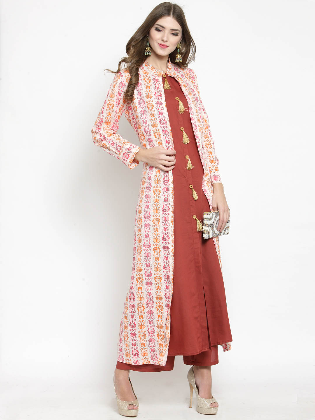 Women 2 Piece Layered Kurta with Brown Palazzo Set