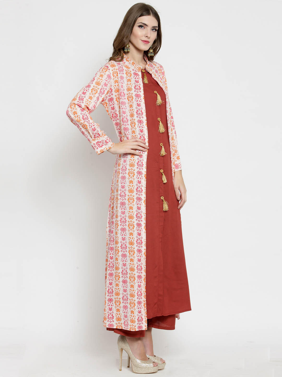 Women 2 Piece Layered Kurta with Brown Palazzo Set